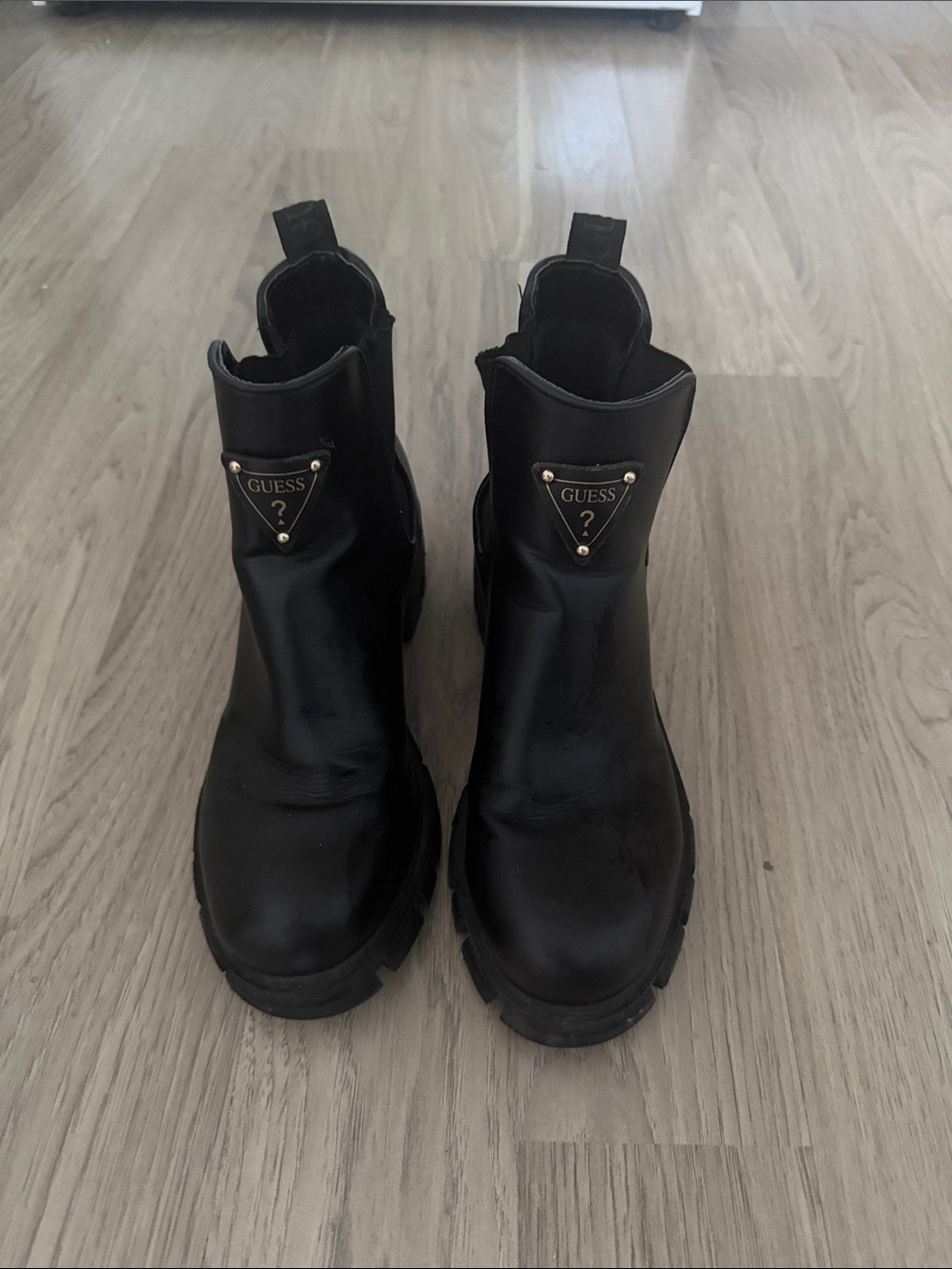 Guess Black Chelsea Boots with Gold Triangle Logo